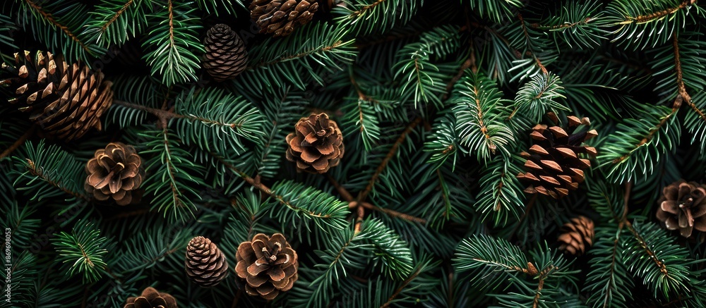 Poster background for christmas and new year featuring fir branches, cones, and copy space image available.