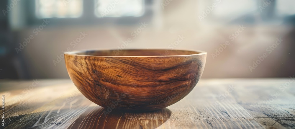 Poster wooden bowl on table with a blank copy space image in the background.