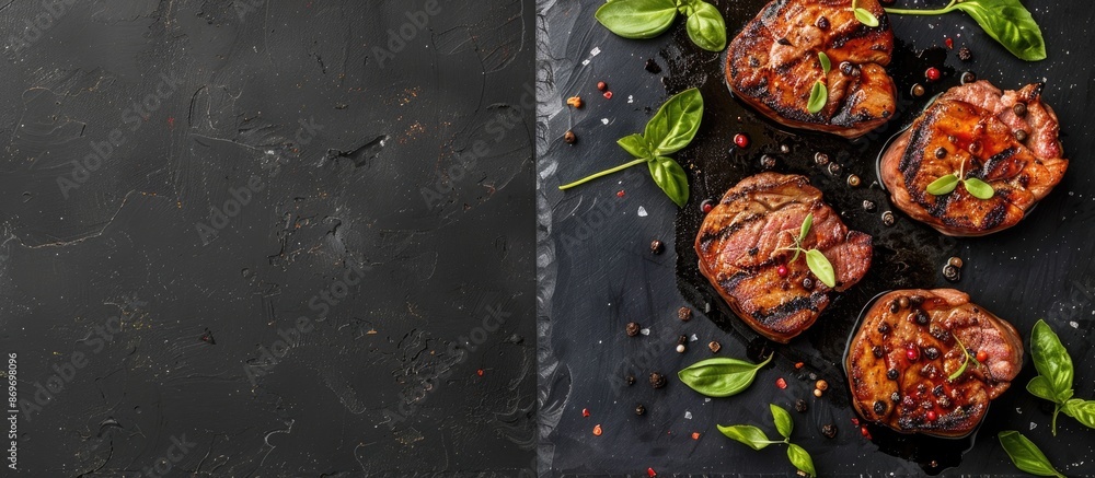 Poster top view of bbq grilled pork medallions and tenderloin fillet on a black background with ample copy 
