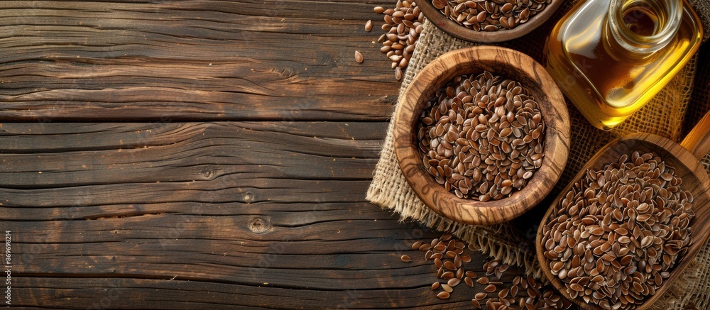 Aufkleber top view close-up of a wooden background with a bowl of flax seeds and a glass bottle of flaxseed oi
