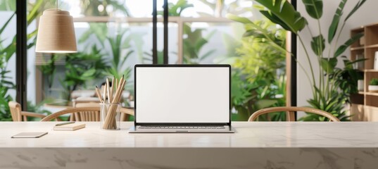 Fototapeta premium A laptop is open on a table with a vase of flowers next to it by AI generated image