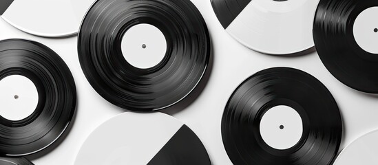 White background showcasing vinyl records with space for text or design added, styled in a flat lay presentation. Copy space image. Place for adding text and design