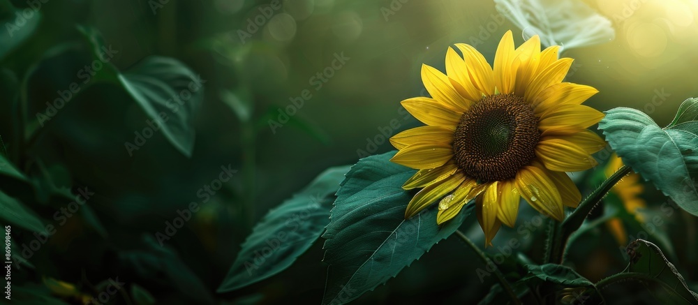 Poster Close-up view of a small sunflower with a green leaf in the frame, ideal for copy space image.