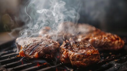mouthwatering closeup of sizzling meat on grill perfect char marks rising smoke vibrant colors droplets of juice rustic barbecue setting culinary perfection appetizing textures