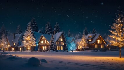 Naklejka premium Ein Wintermärchen: Haus umgeben von Schnee und Lichtern