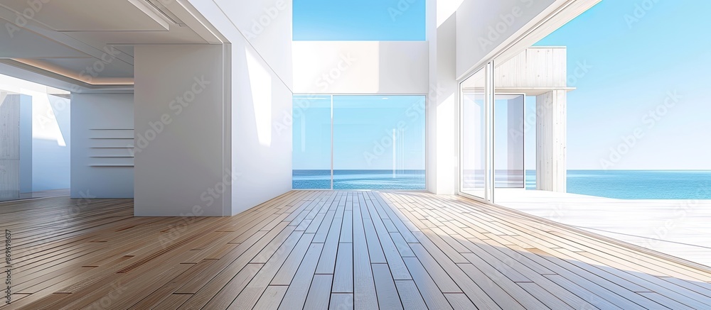 Aufkleber modern architecture with a beautiful wooden floor, white walls, and windows offering a view of the b