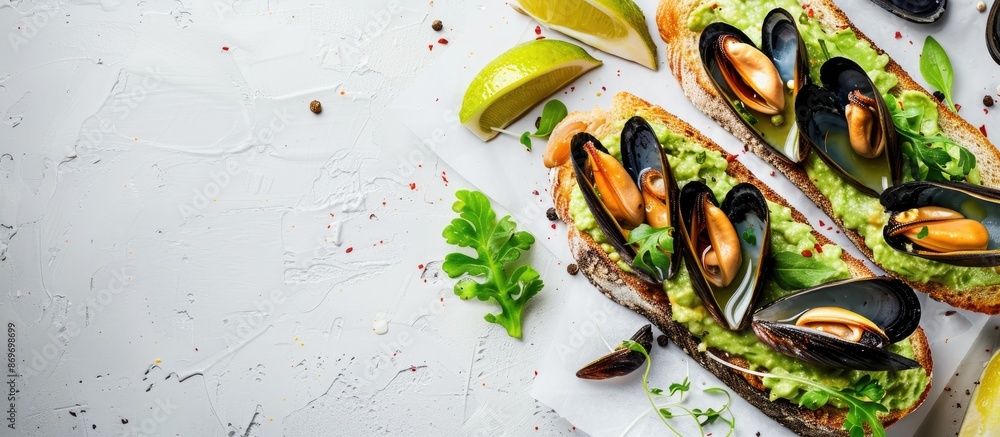 Poster Mussels and avocado toast on white backdrop with room for text, copy space image