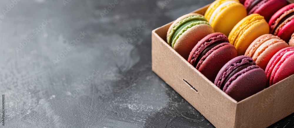 Poster A cardboard box filled with vibrant macaron cookies against a copy space image.