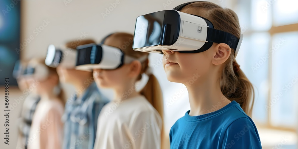 Poster children learn digital tech future education with assistants optimizing learning. concept future edu