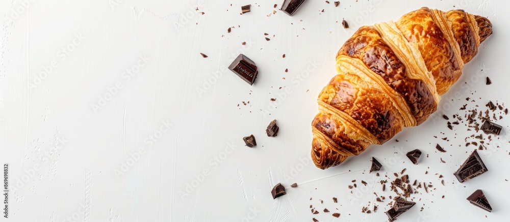 Poster croissant with chocolate on a white background, with space for text or images. copy space image. pla