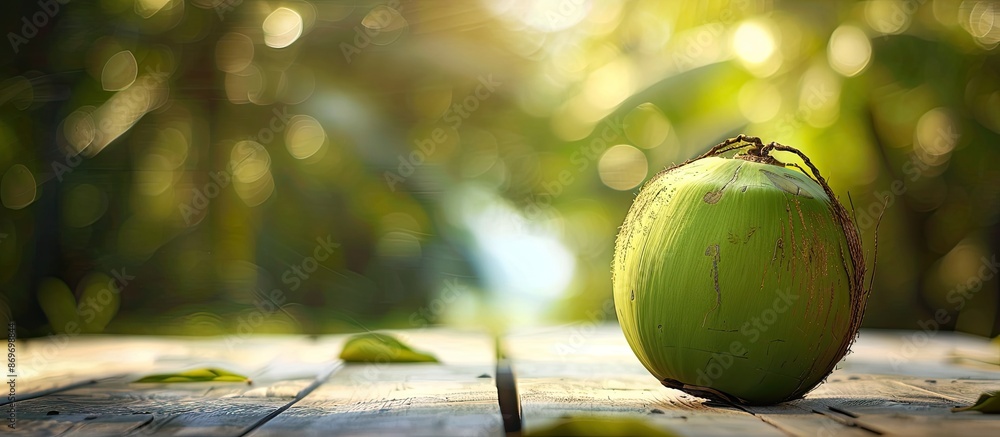 Poster A crisp, green coconut shown alone on a wooden surface, with blurred background effect and room for text or other images. Copy space image. Place for adding text and design
