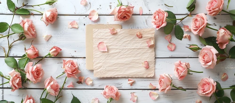 Poster valentine's day mockup featuring a circle of pink rose flowers on a rustic white wood background, ac