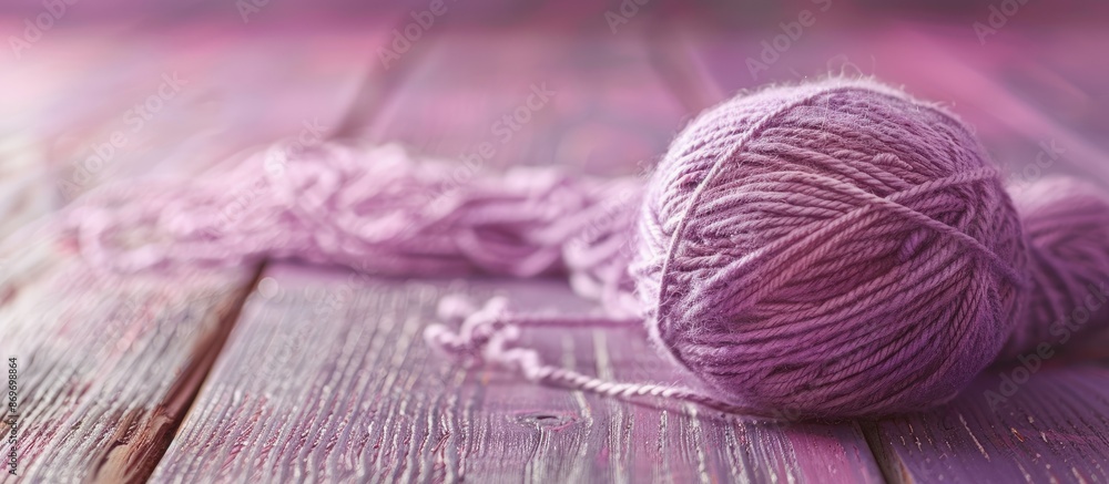 Aufkleber Engaging in knitting as a hobby with a background of a skein of pale lilac wool thread on a wooden table creates a serene and inviting atmosphere for a copy space image.