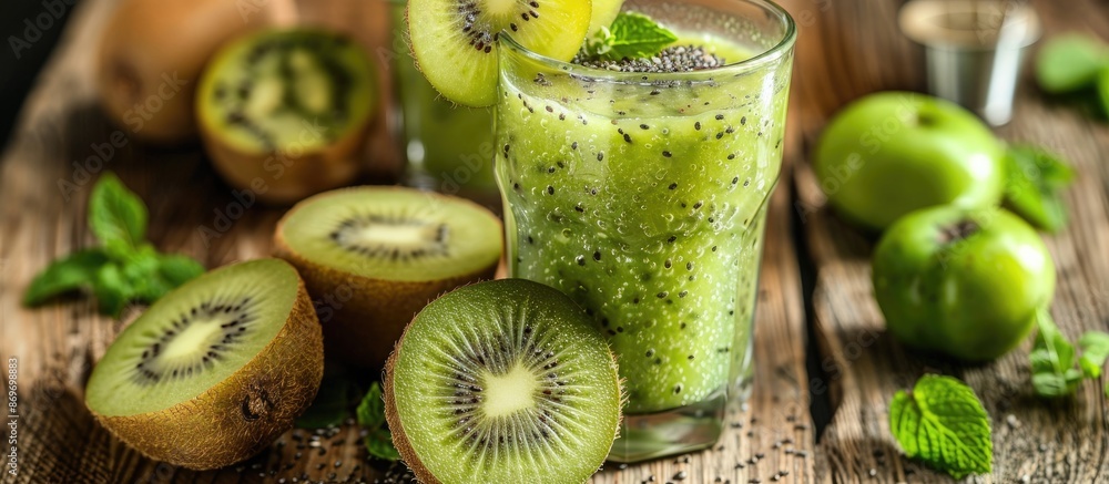 Poster Kiwi smoothie with fresh ingredients displayed on a wooden surface, leaving room for text in the image. Copy space image. Place for adding text and design