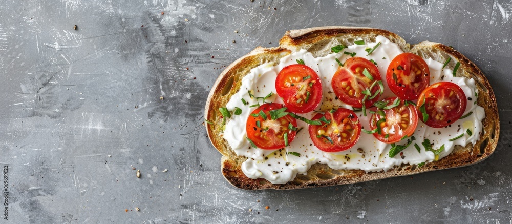 Poster A slice of toasted bread topped with delectable cream cheese and tomatoes arranged on a grey surface, with room for text in the image. Copy space image. Place for adding text and design