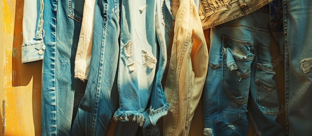 Poster display of various denim jeans next to a bright wall. includes copy space image.