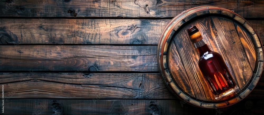 Poster Top view of a bottle of rum, cognac, or whiskey on an aged wooden barrel, creating a flat lay image with ample copy space.