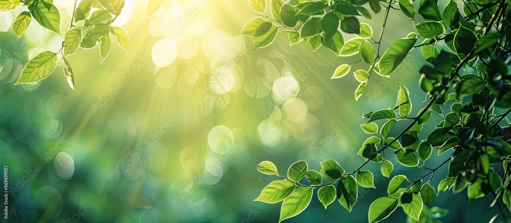 Fototapete Blurry green leaves create a nature-themed copy space image with soft lighting, perfect for creative design projects, displaying a forest background with a spring atmosphere.