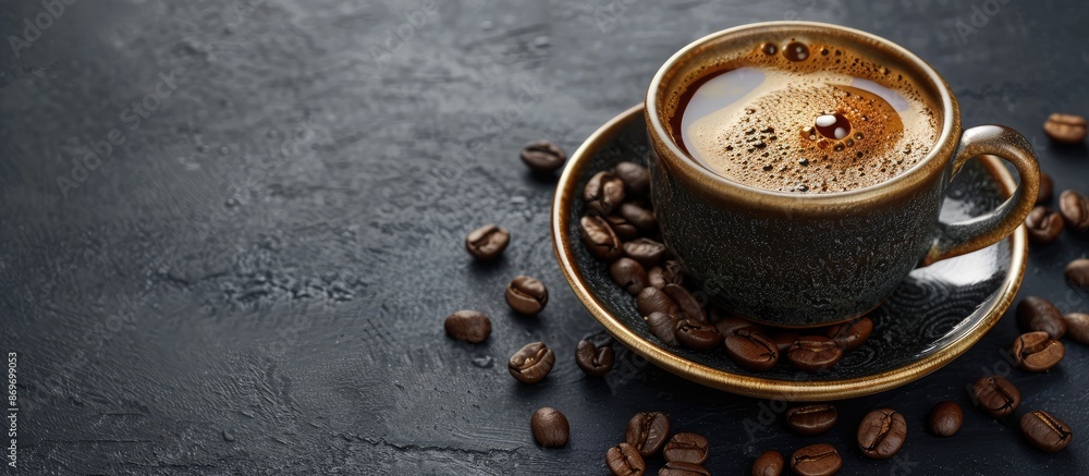 Poster coffee cup filled with coffee and beans displayed on a black background with copy space image.