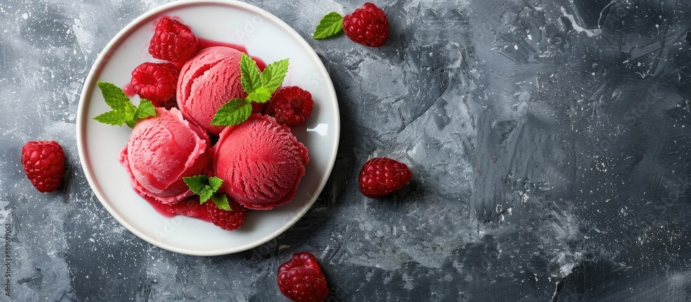 Aufkleber Close-up of Raspberry Sorbet on a white plate set against a gray table background with available copy space image.