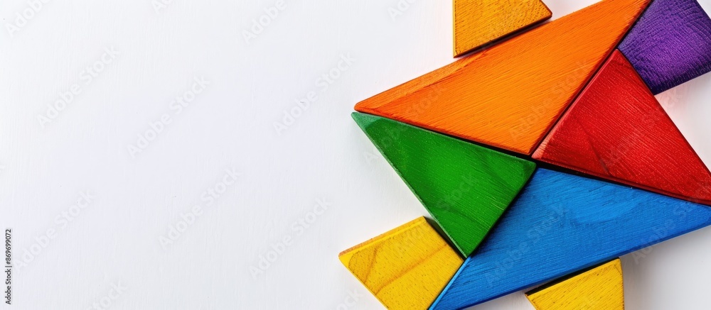 Poster Closeup view of a single colorful tangram piece from a construction game on a plain white background, conveying the concept of construction, with copy space image.