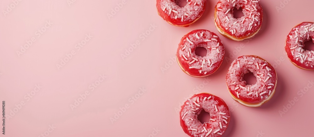 Aufkleber Five coral donuts with icing arranged neatly on a pink background captured from above with copy space image available for text.