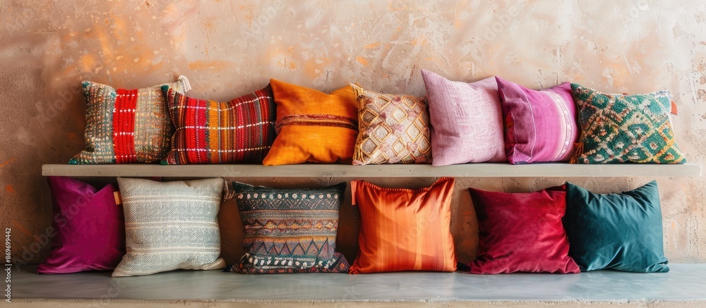Poster Shelf displaying decorative pillows against wall backdrop with copy space image.