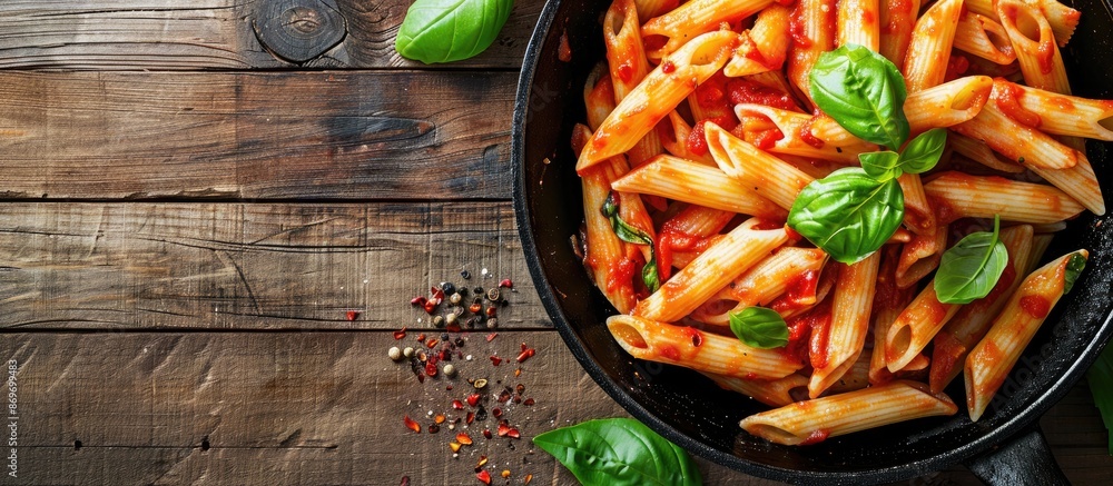 Poster top view of iron cast pan with pasta penne in tomato sauce and basil on a wooden table, providing am