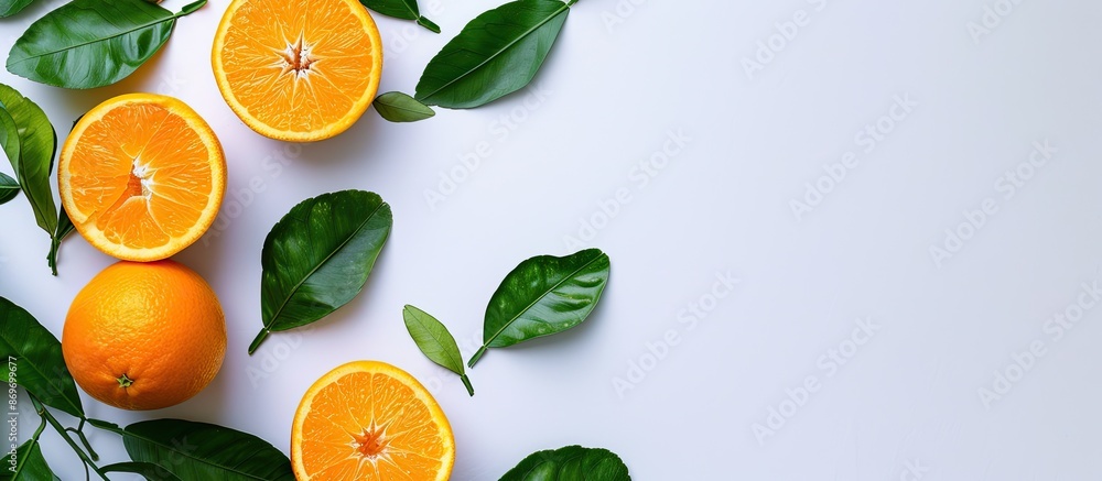 Poster A picture of an orange with leaves against a white backdrop featuring ample copy space image.