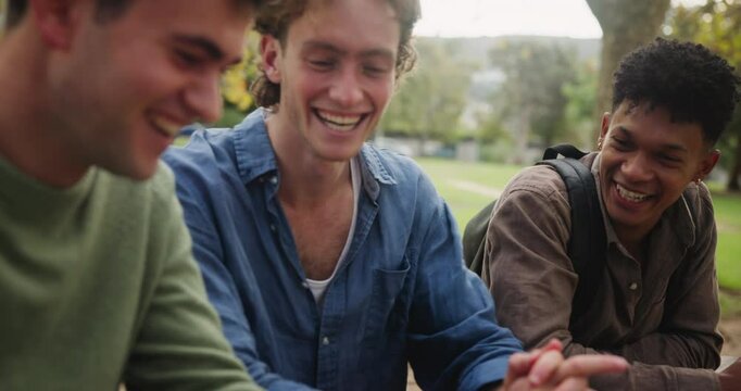 Happy, people and relax with laughing in park for funny conversation, humor and outdoor bonding. College, friends and students with smile in nature for and comedy, humour joke in discussion together