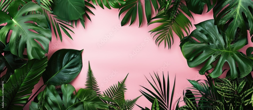 Poster frame composed of assorted tropical leaves on a pink backdrop with copy space image.
