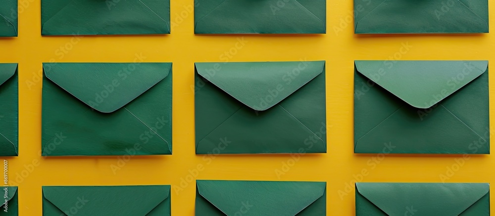 Fototapete a flat lay image displaying dark green envelopes against a yellow background from a top view with am