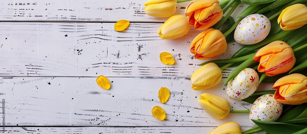 Poster Top view image featuring a spring-themed Easter background with vibrant eggs, yellow tulips, set on a white wooden surface for copy space.