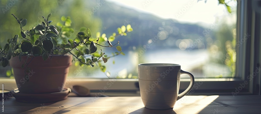 Aufkleber Scandinavian-style coffee cup placed by a large window with a view, ideal for copy space image.