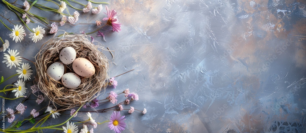 Poster easter-themed flat lay with eggs in nests and spring flowers, perfect for greeting cards with a copy