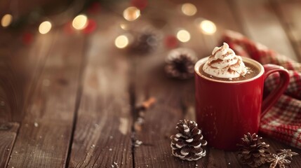 hot cocoa in a mug Christmas themed, laying on a wooden table, desktop or website background