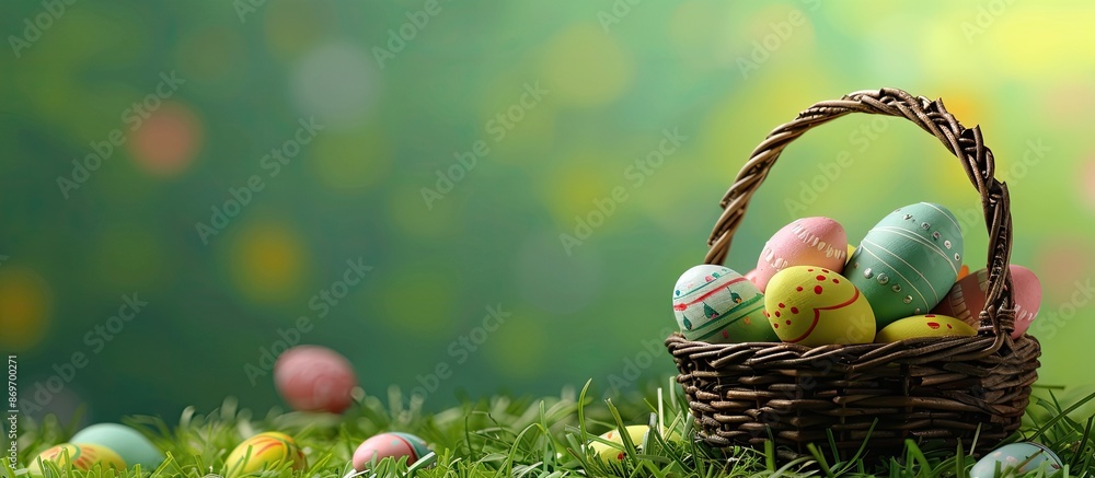 Aufkleber easter eggs in a basket with a grassy copy space image.