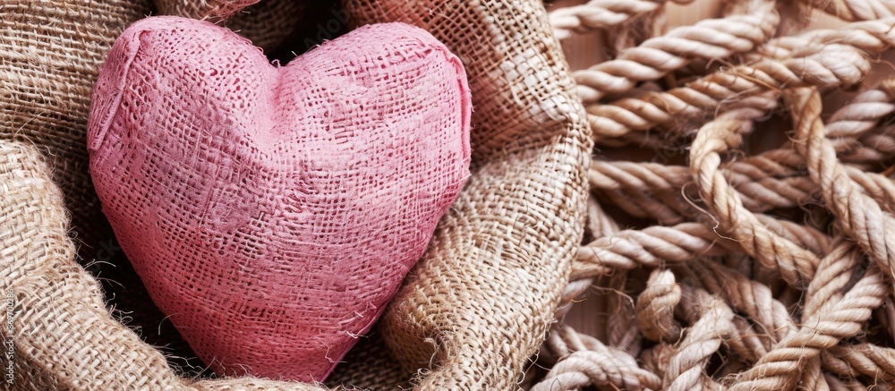 Aufkleber paper pink heart displayed on background of jute sacks, providing space for copying images.