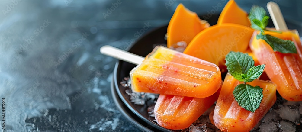 Poster selective focus on homemade fruit popsicle featuring persimmon and mint in a copy space image.