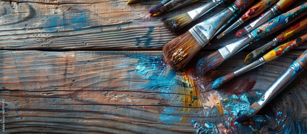 Poster craft art process with artist's paintbrushes showcased on a wooden background with ample copy space 