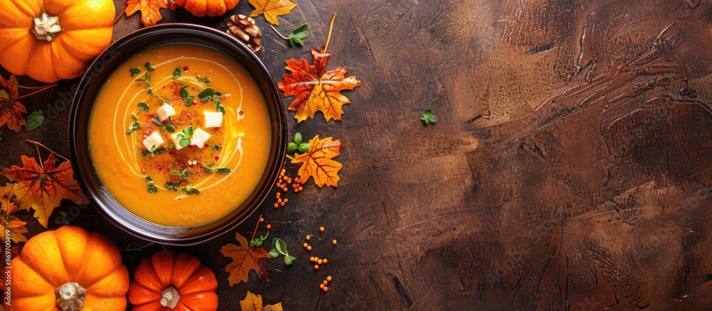 Poster View from above of pumpkin soup placed on a table, with ample copy space visible in the image.