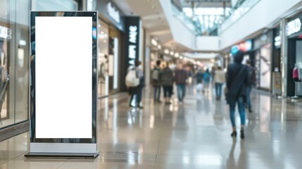 an elegant rollup banner stand in a bustling shopping mall the mockup displays a blank white surface ready for customization shoppers pass by in the background