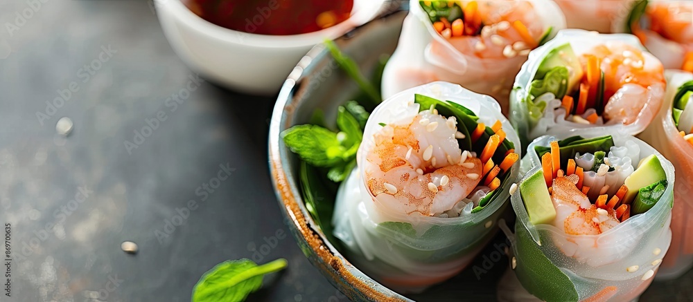 Poster delicious spring rolls featuring a combination of shrimp and avocado, with a stylish presentation sh