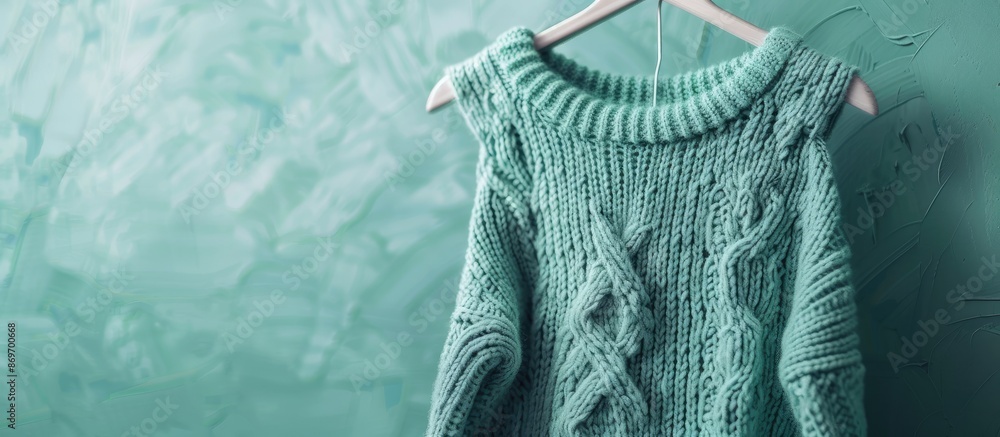 Poster mint background with knitted sweater on hanger, featuring copy space image.