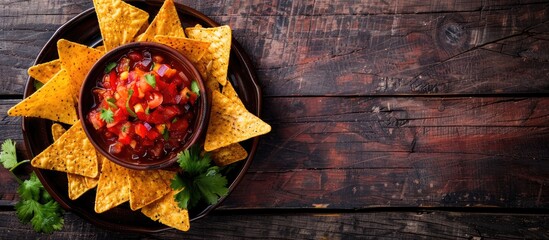 Mexican tortilla chips with salsa on a dark wooden table, a traditional Mexican dish, set against a dark background with copy space image.