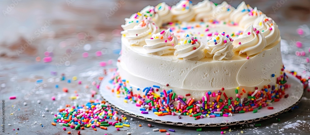 Poster white birthday cake with vibrant sprinkles on a backdrop with copy space image.