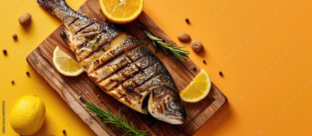 Poster red sea perch fillet roasted on a wooden board with an orange background in a top-view composition f