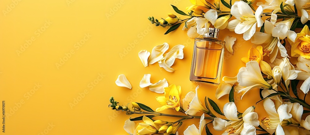 Aufkleber flat lay composition featuring a perfume bottle and freesia flowers on a yellow background, with a d