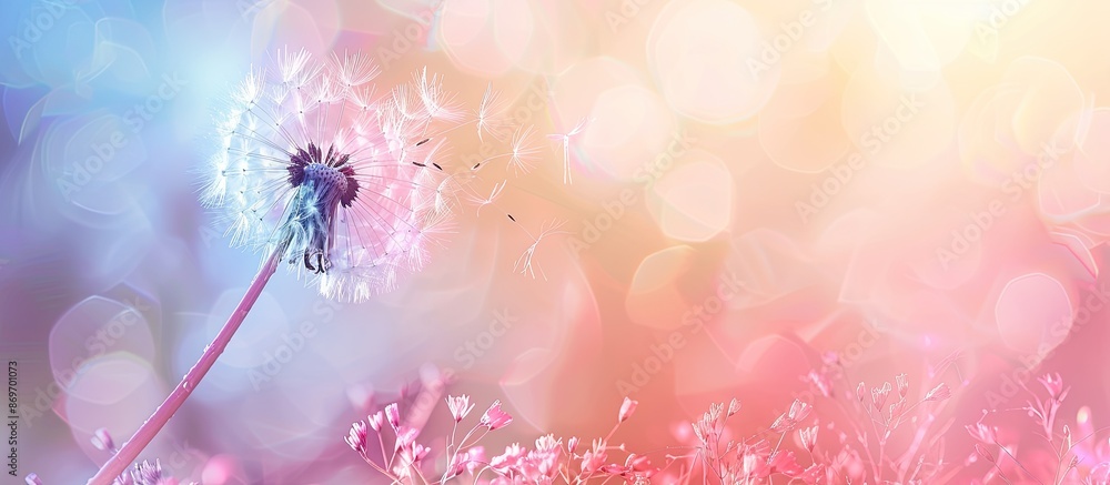 Poster abstract dandelion on a soft floral color gradient background, with copy space image opportunity.