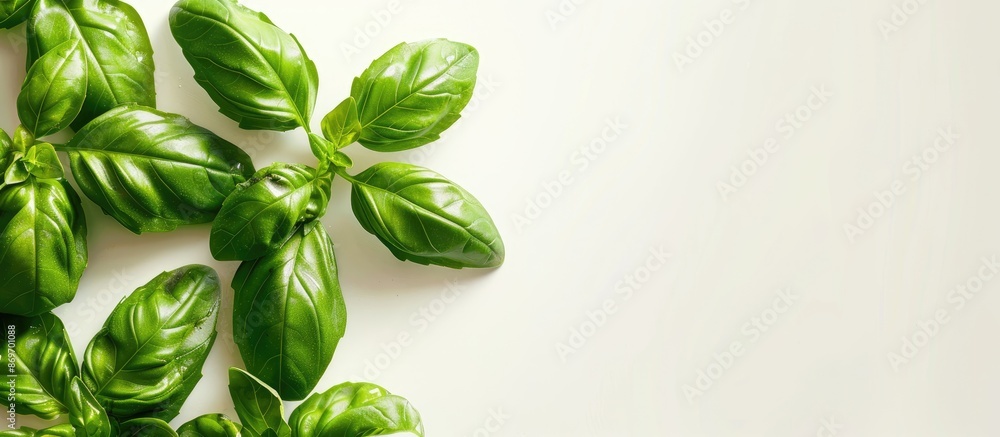Poster basil leaves with a white background and ample copy space image displayed.